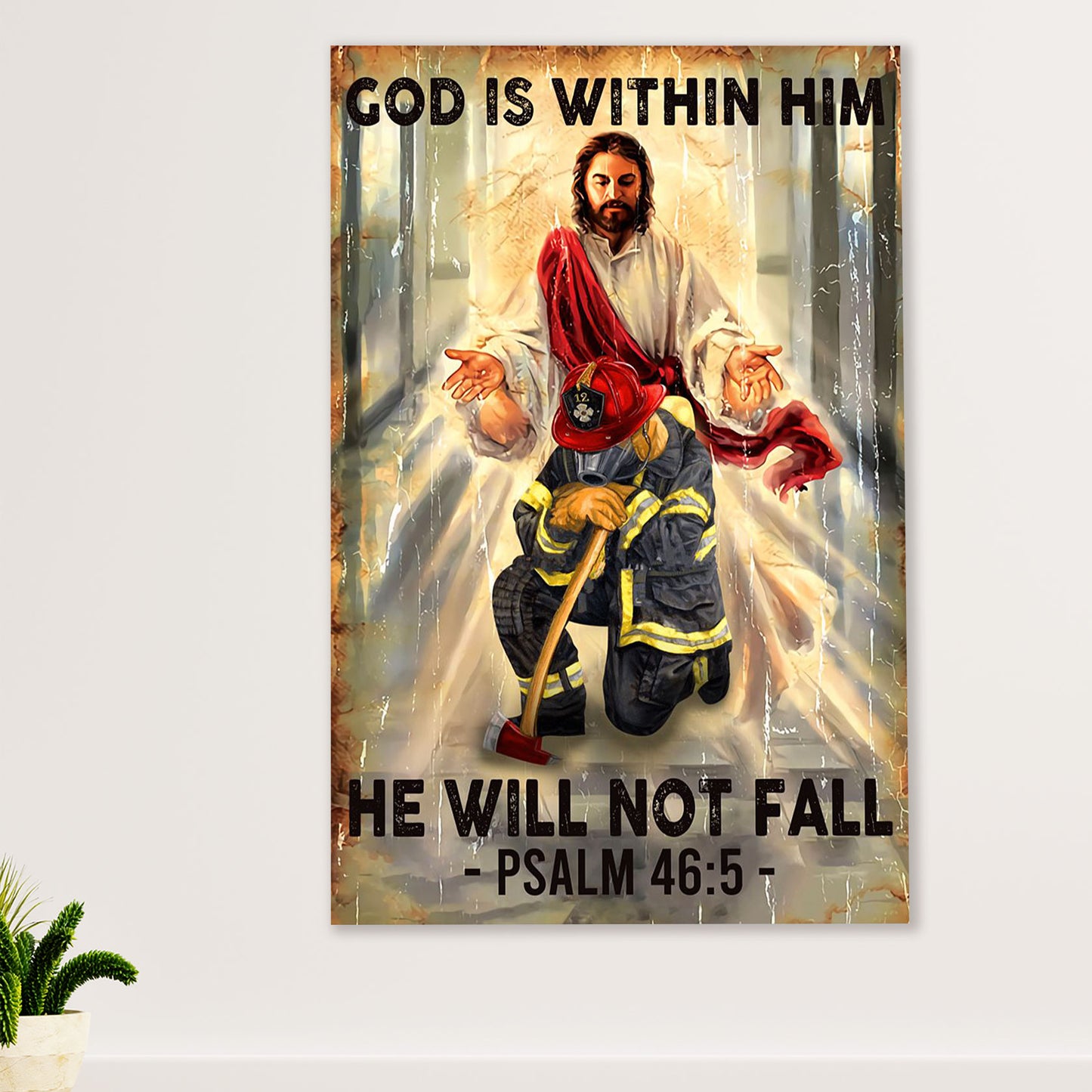 Firefighter Pride Canvas Wall Art Prints | God Is Within Him | American Independence Day Gift for Fireman