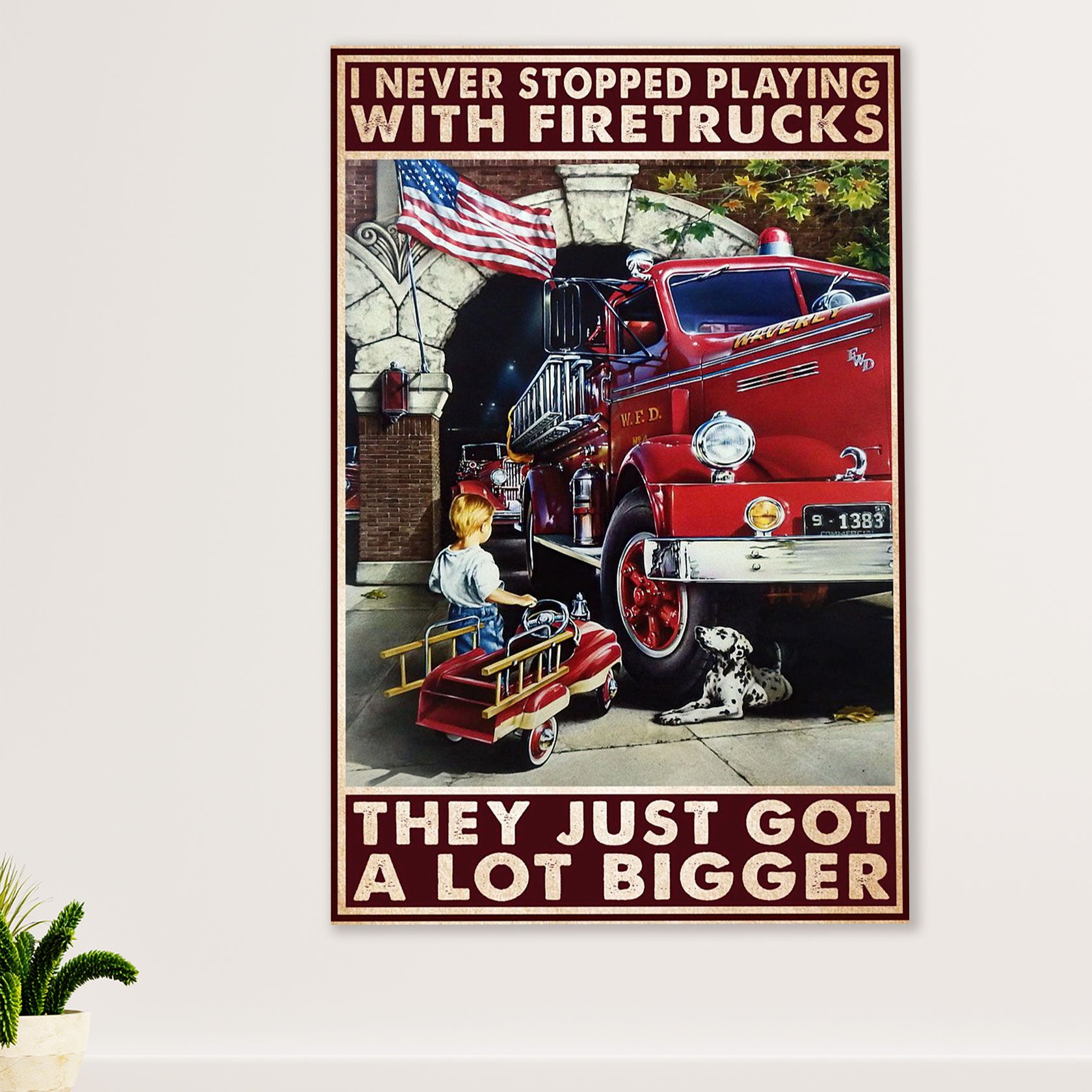 Firefighter Pride Canvas Wall Art Prints | Playing With Firetrucks | American Independence Day Gift for Fireman
