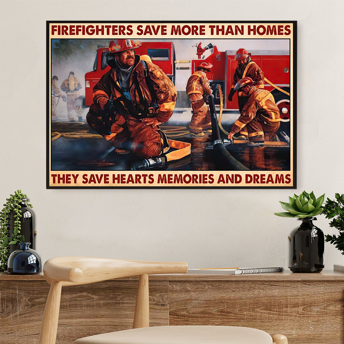 Firefighter Pride Canvas Wall Art | They Save Hearts | American Independence Day Gift for Fireman