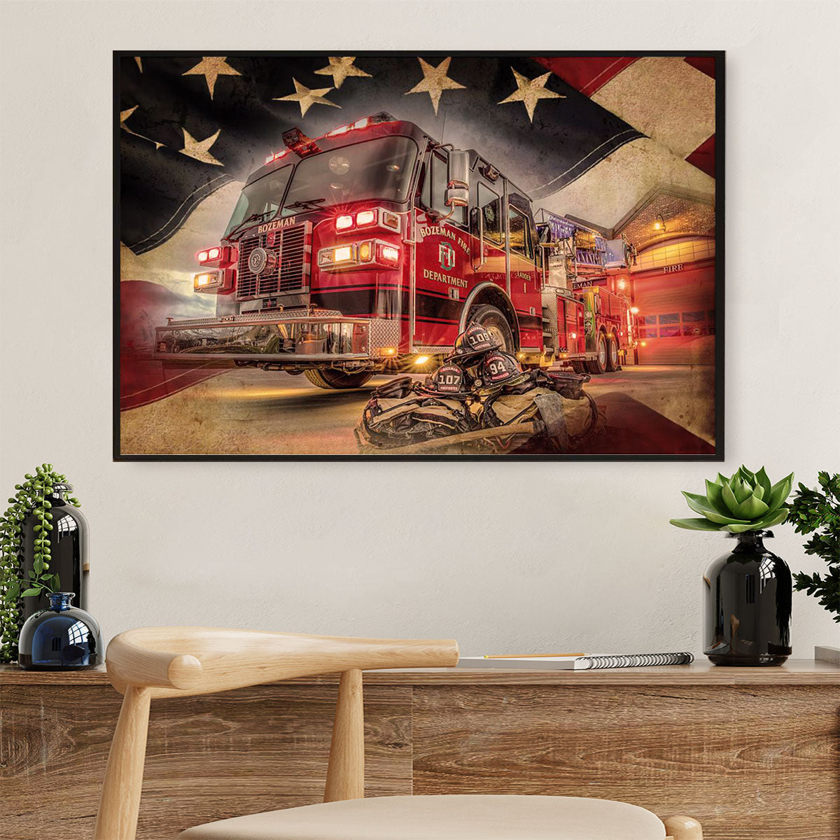 Firefighter Pride Poster Wall Art | Fire Truck | American Independence Day Gift for Fireman 