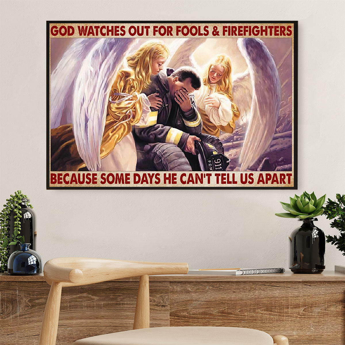 Firefighter Pride Canvas Wall Art | God Watches Out For Fools | American Independence Day Gift for Fireman