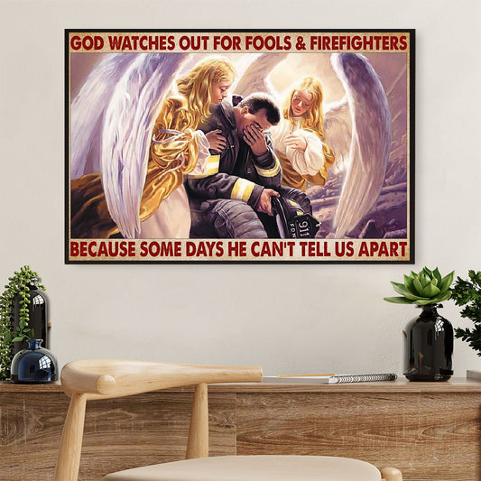 Firefighter Pride Canvas Wall Art | God Watches Out For Fools | American Independence Day Gift for Fireman