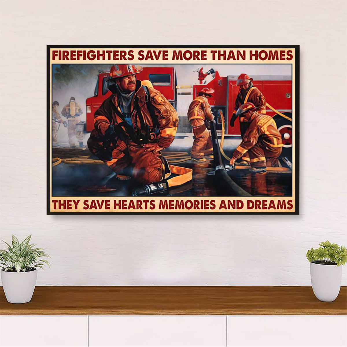 Firefighter Pride Canvas Wall Art | They Save Hearts | American Independence Day Gift for Fireman