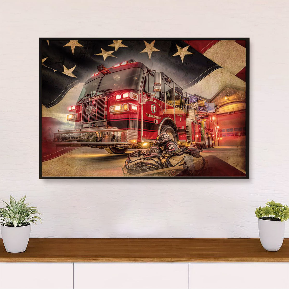 Firefighter Pride Canvas Wall Art | Fire Truck | American Independence Day Gift for Fireman