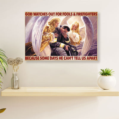 Firefighter Pride Canvas Wall Art | God Watches Out For Fools | American Independence Day Gift for Fireman