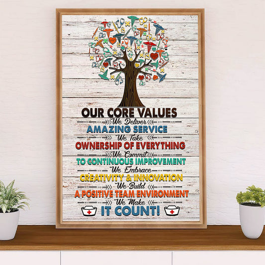 Nurse Poster | Our Core Values | Wall Art Gift for Woman Nurse, Female Nursing