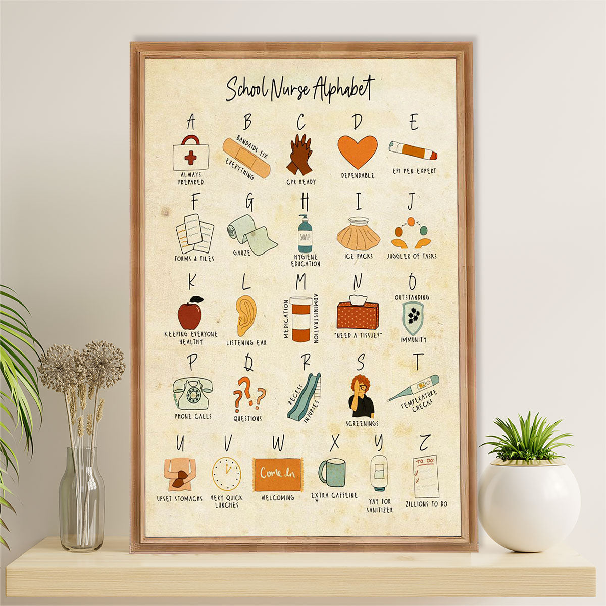 Nurse Poster | School Nurse Alphabet | Wall Art Gift for Woman Nurse, Female Nursing