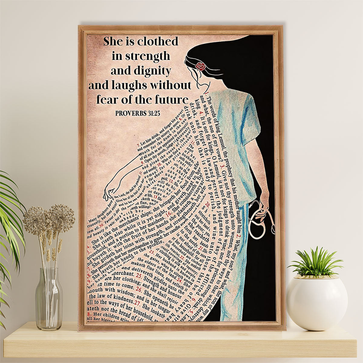 Nurse Poster | She Is Clothed In Strength | Wall Art Gift for Woman Nurse, Female Nursing