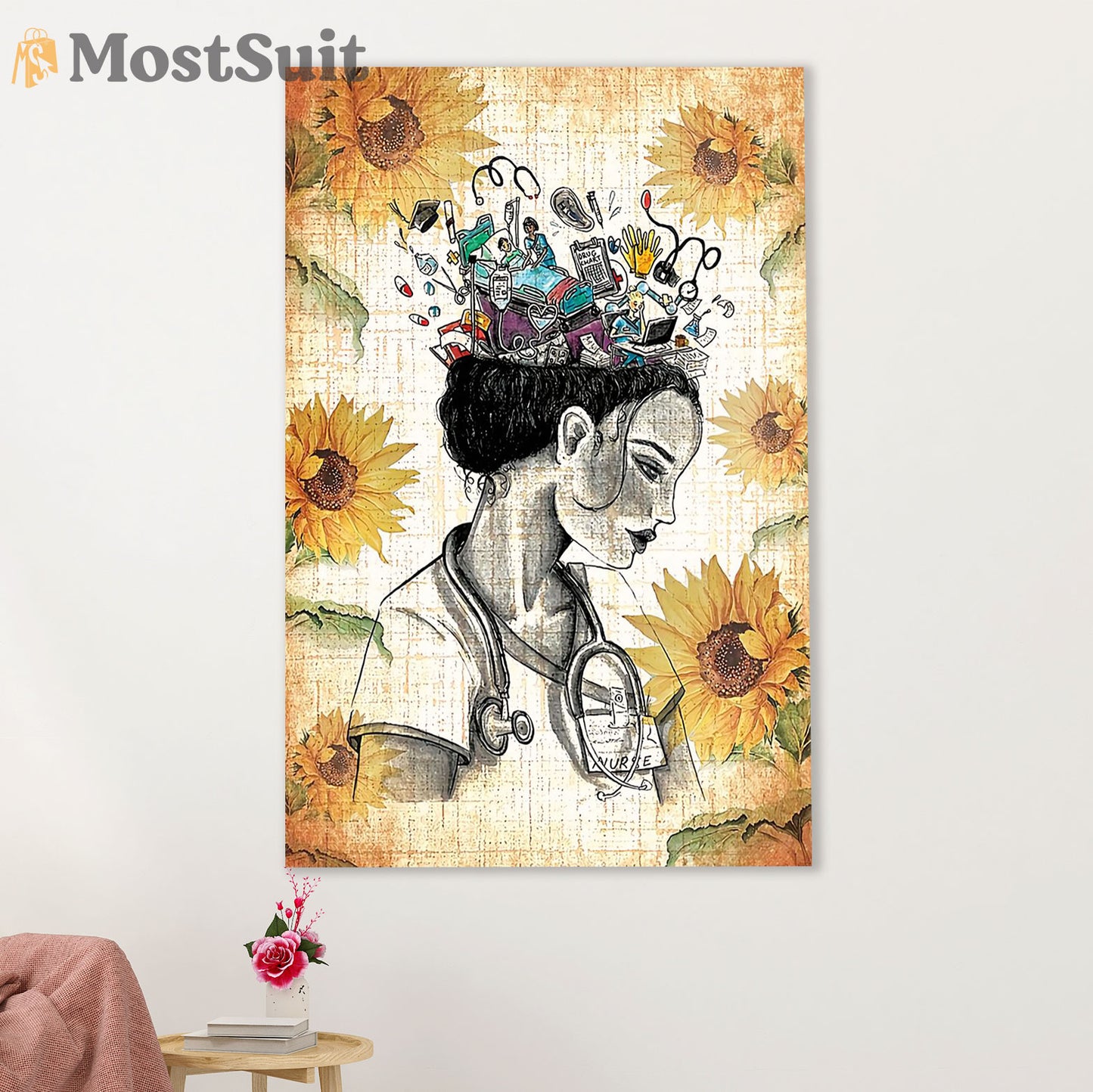 Nurse Canvas Wall Art Prints | Beautiful Mind Sunflower | Gift for Woman Nurse, Female Nursing