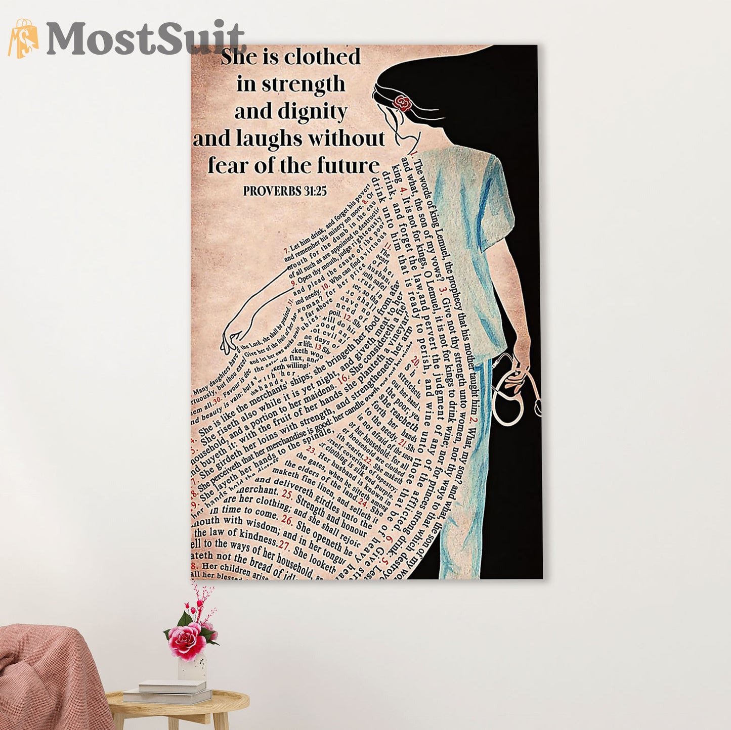 Nurse Canvas Wall Art Prints | She Is Clothed In Strength | Gift for Woman Nurse, Female Nursing
