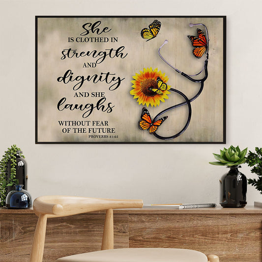 Nurse Canvas Wall Art | She Is Clothed In Strength | Gift for Woman Nurse, Female Nursing