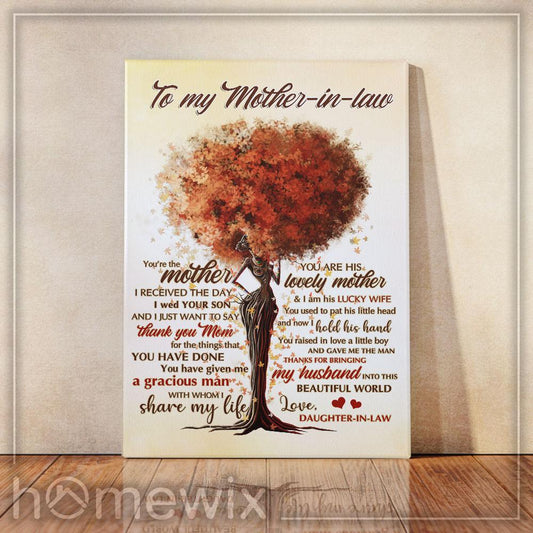 To My MotherInLaw, Thanks For Bringing My Husband Into This Beautiful World, Black Woman Canvas And Poster Wall Art | Wall Decor