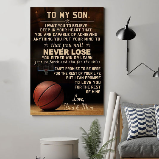 Basketball Canvas and Poster Dad and Mom to Son Never Lose wall decor visual art
