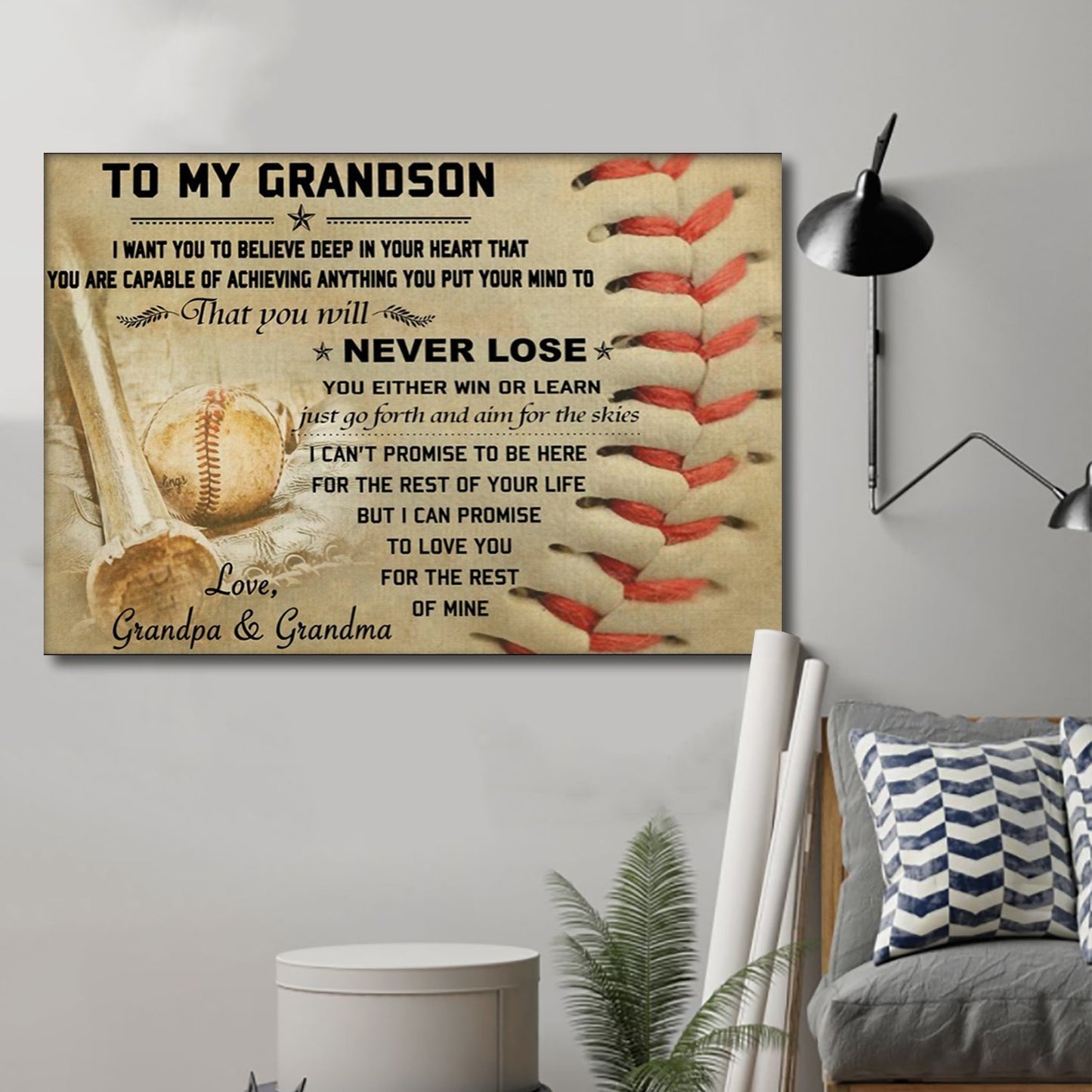 TH Baseball Canvas and Poster to grandson never lose wall decor