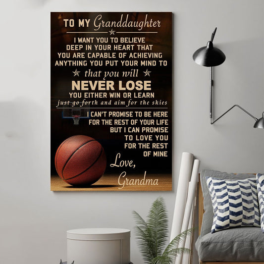 Basketball Canvas and Poster Grandma to granddaughter never lose wall decor visual art