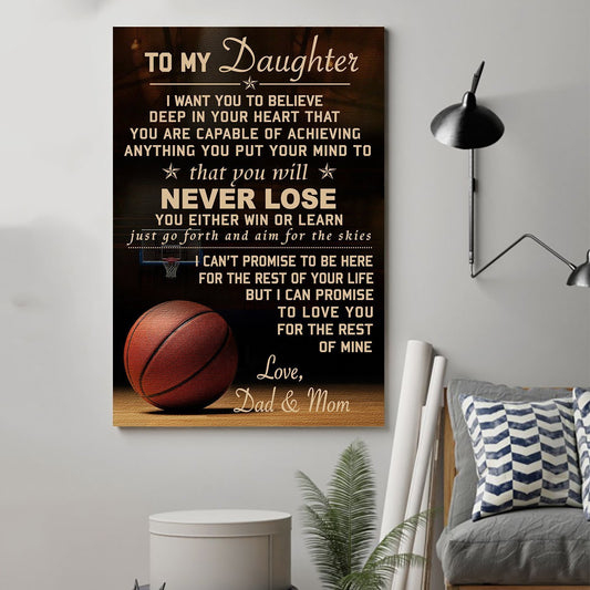 Basketball Canvas and Poster Dad and Mom to Daughter Never Lose wall decor visual art