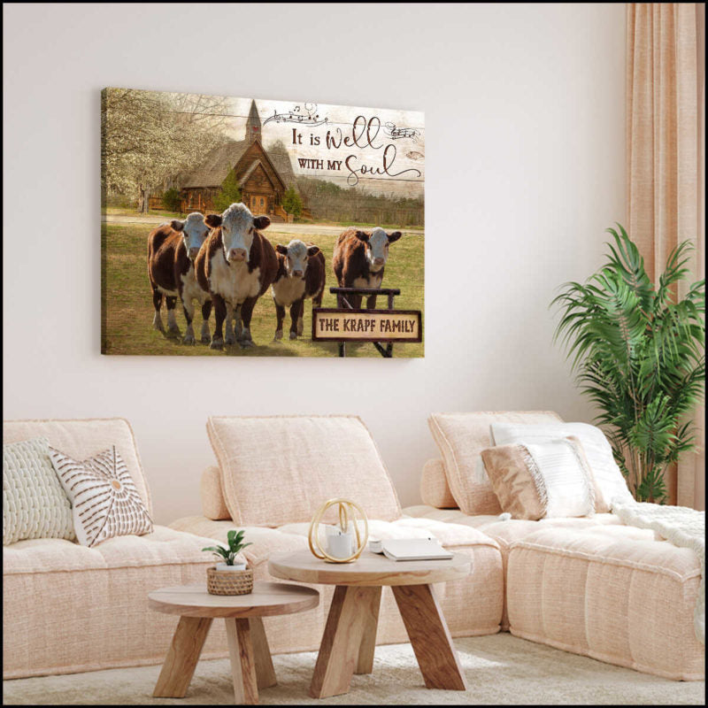Mostsuit It Is Well With My Soul Hereford Cows and Church Custom Name Personalized Canvas Poster Wall Art Farmhouse Decor