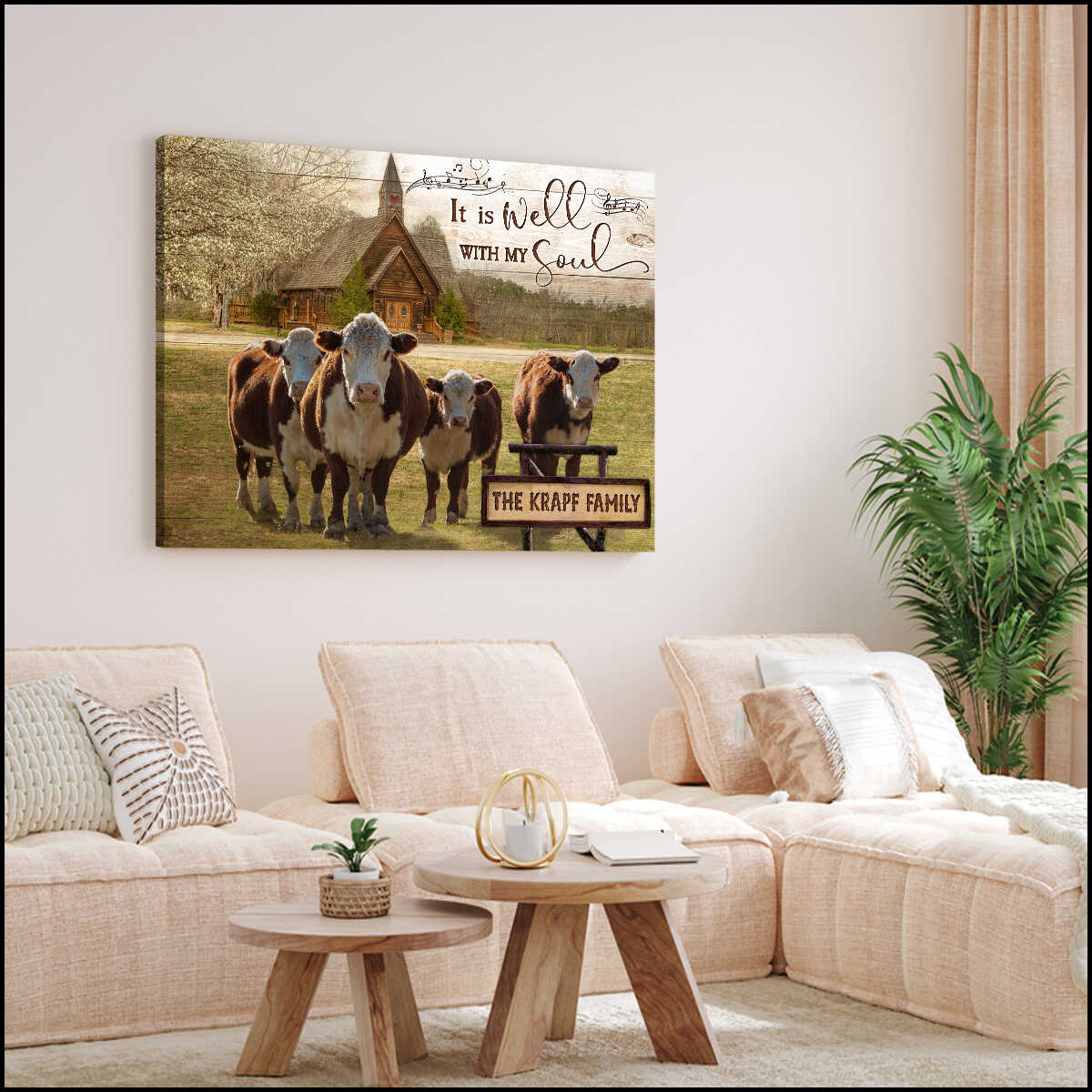 Mostsuit It Is Well With My Soul Hereford Cows and Church Custom Name Personalized Canvas Poster Wall Art Farmhouse Decor