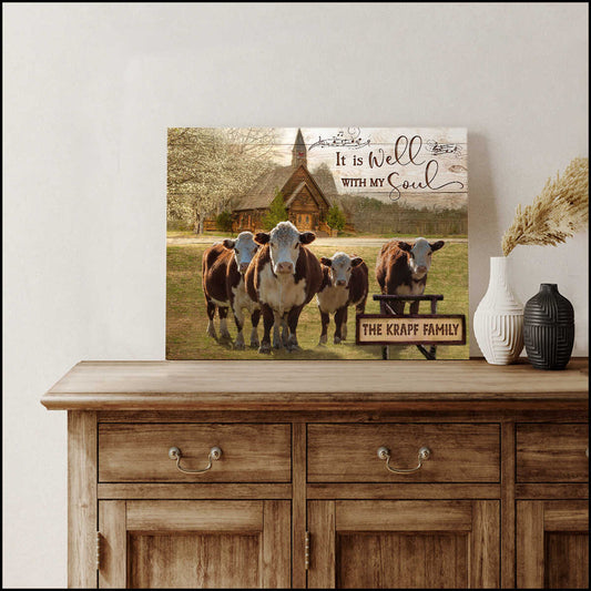 Mostsuit It Is Well With My Soul Hereford Cows and Church Custom Name Personalized Canvas Wall Art Farmhouse Decor