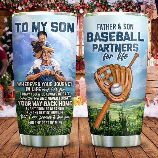 To My Son Baseball Partners Stainless Steel Tumbler Cups Drinkware 20oz - MostSuit