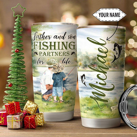 Dad Son Fishing Partner Personalised Fishing Rod Fishing Tackle Stainless Steel Tumbler Cups Drinkware 20oz - MostSuit