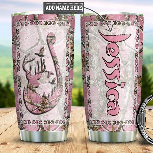 Personalized Hunting Fishing Pink Fishing Rod Fishing Tackle Stainless Steel Tumbler Cups Drinkware 20oz - MostSuit