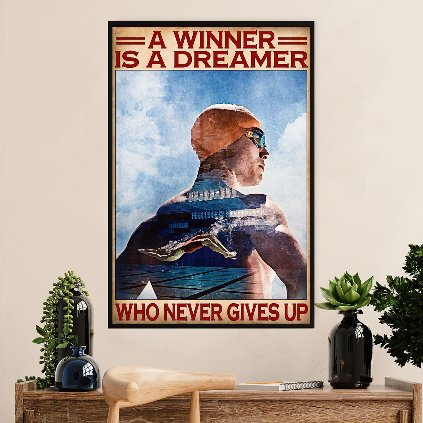 Swimming Poster Room Wall Art | Winner Never Gives Up | Gift for Swimmer