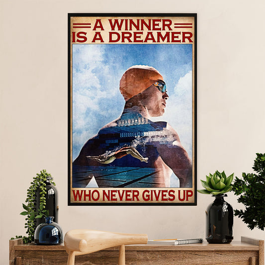 Swimming Poster Room Wall Art | Winner Never Gives Up | Gift for Swimmer