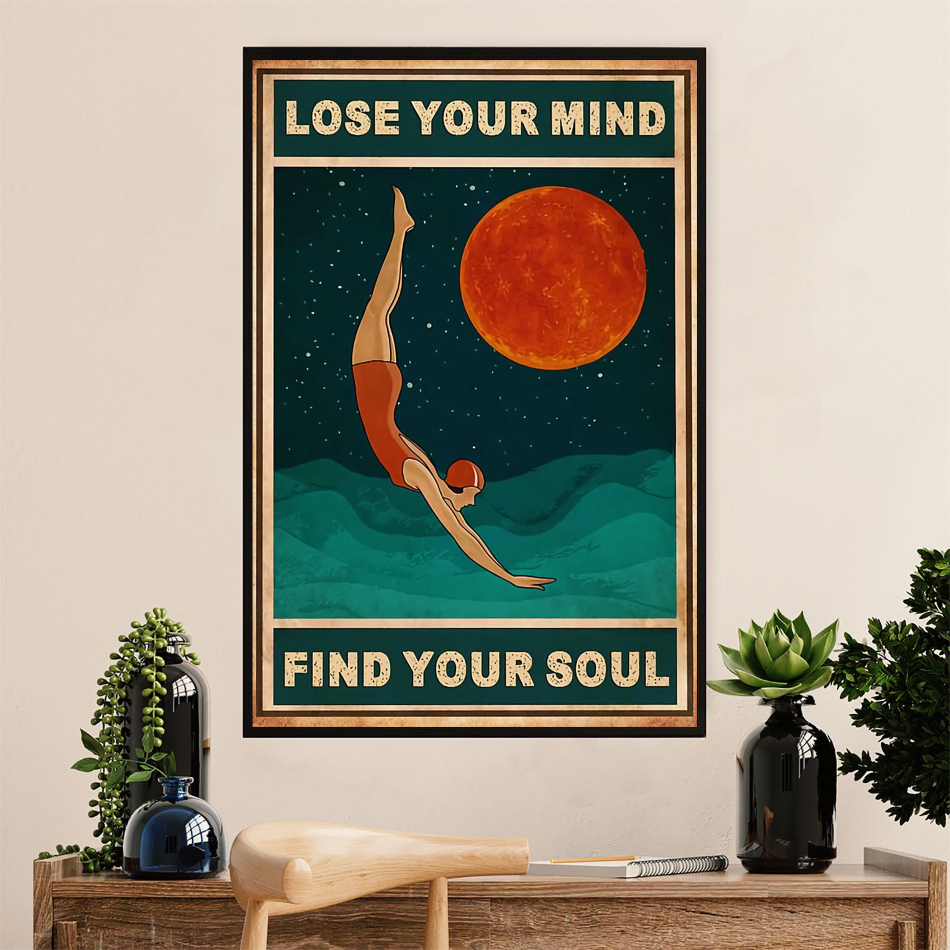 Swimming Poster Room Wall Art | Woman In The Moon | Gift for Swimmer