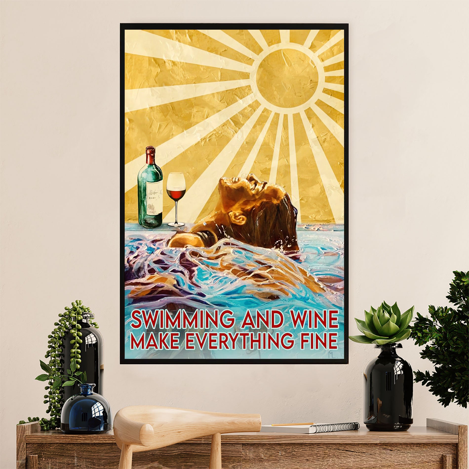 Swimming Poster Room Wall Art | Woman Swimming And Wine | Gift for Swimmer