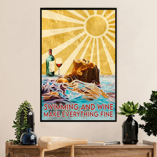 Swimming Poster Room Wall Art | Woman Swimming And Wine | Gift for Swimmer