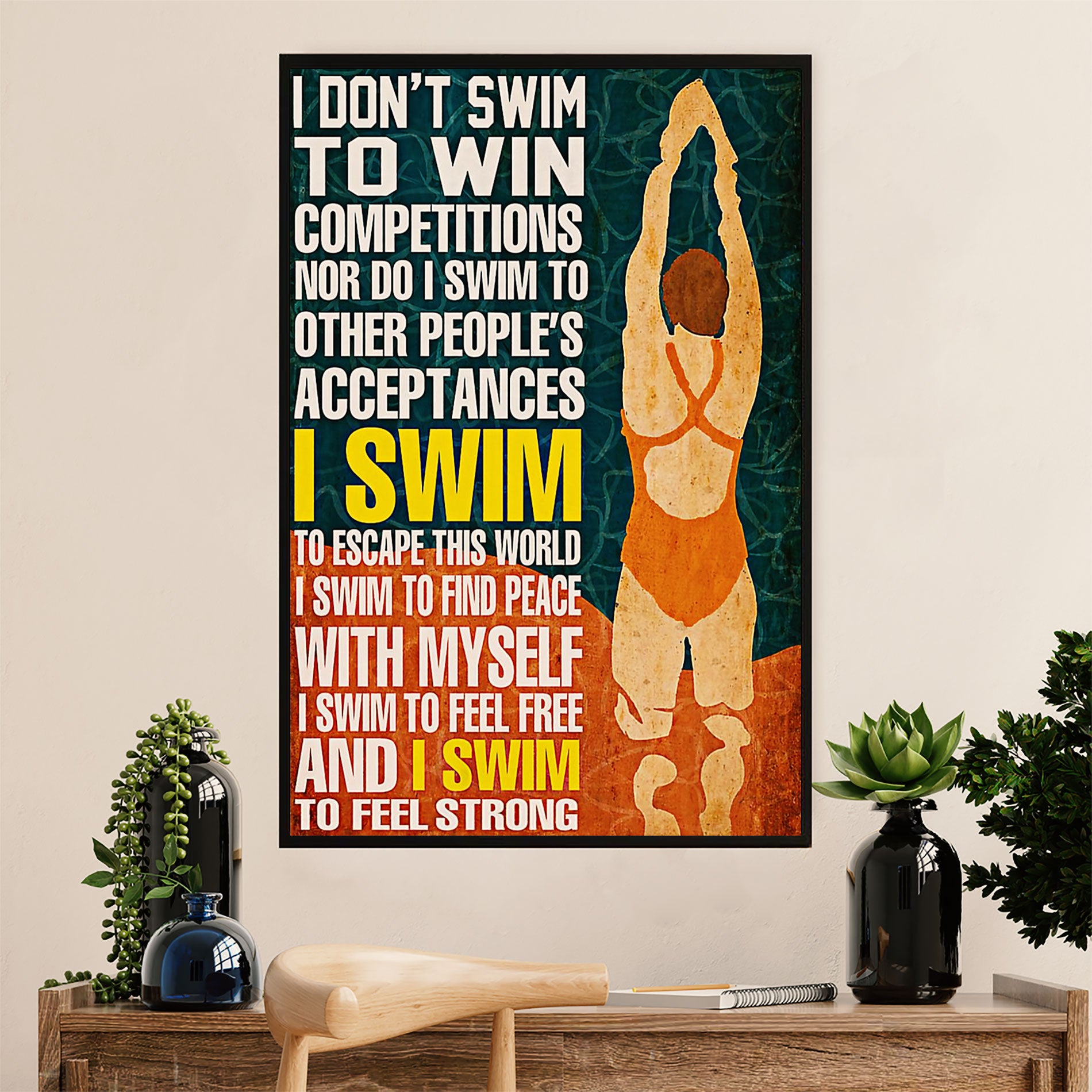 Swimming Poster Room Wall Art | I Swim To Feel Strong | Gift for Swimmer