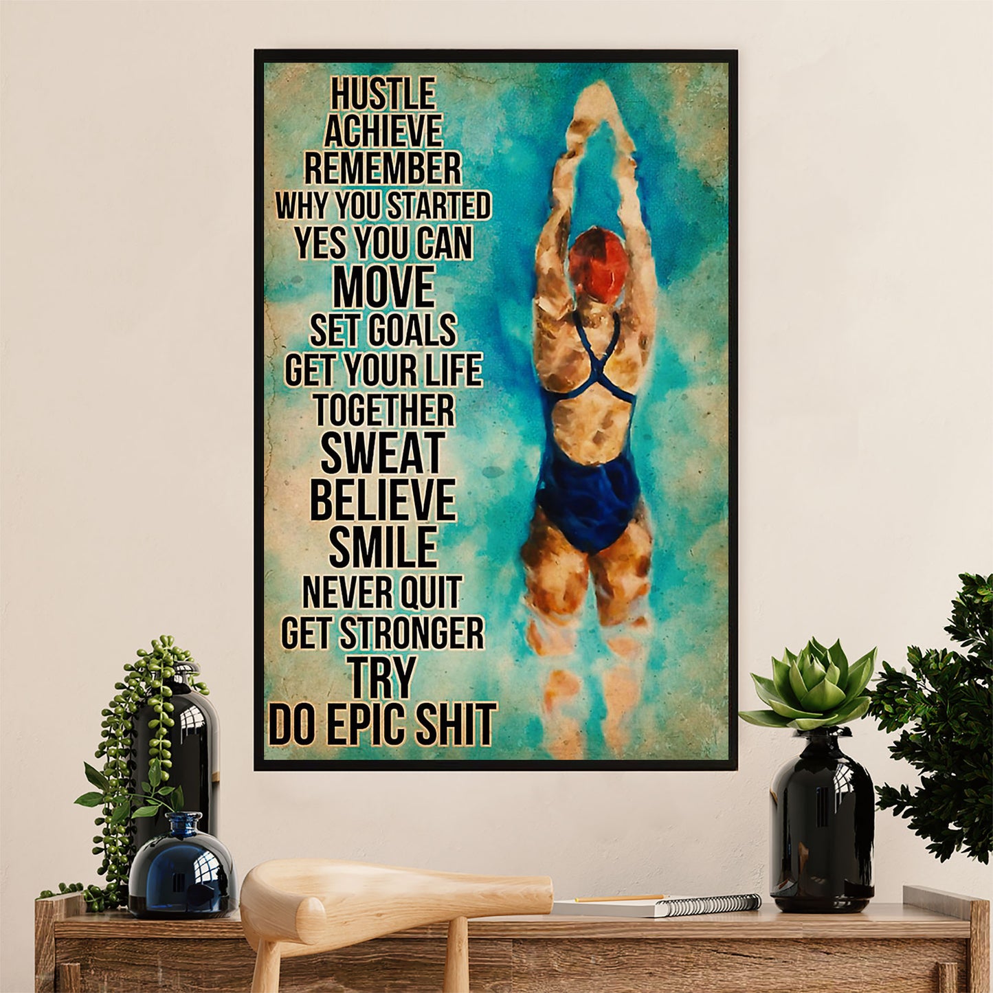 Swimming Poster Room Wall Art | Sweat Believe Smile | Gift for Swimmer