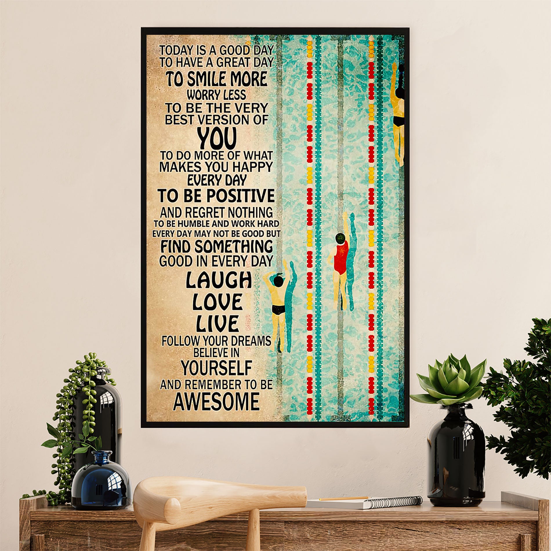 Swimming Poster Room Wall Art | Laugh Love live | Gift for Swimmer