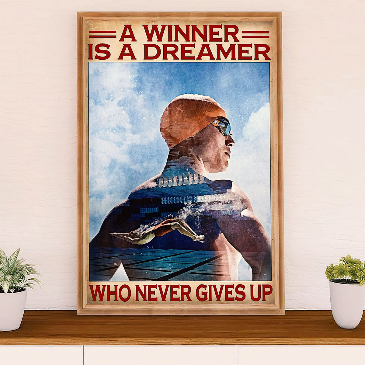 Swimming Poster Room Wall Art | Winner Never Gives Up | Gift for Swimmer