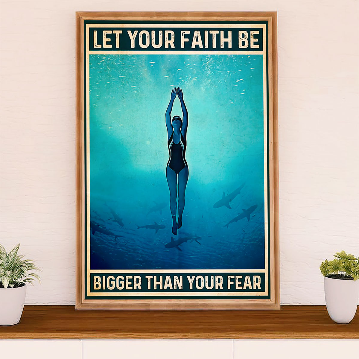 Swimming Poster Room Wall Art | Woman Faith Bigger Than Fear | Gift for Swimmer