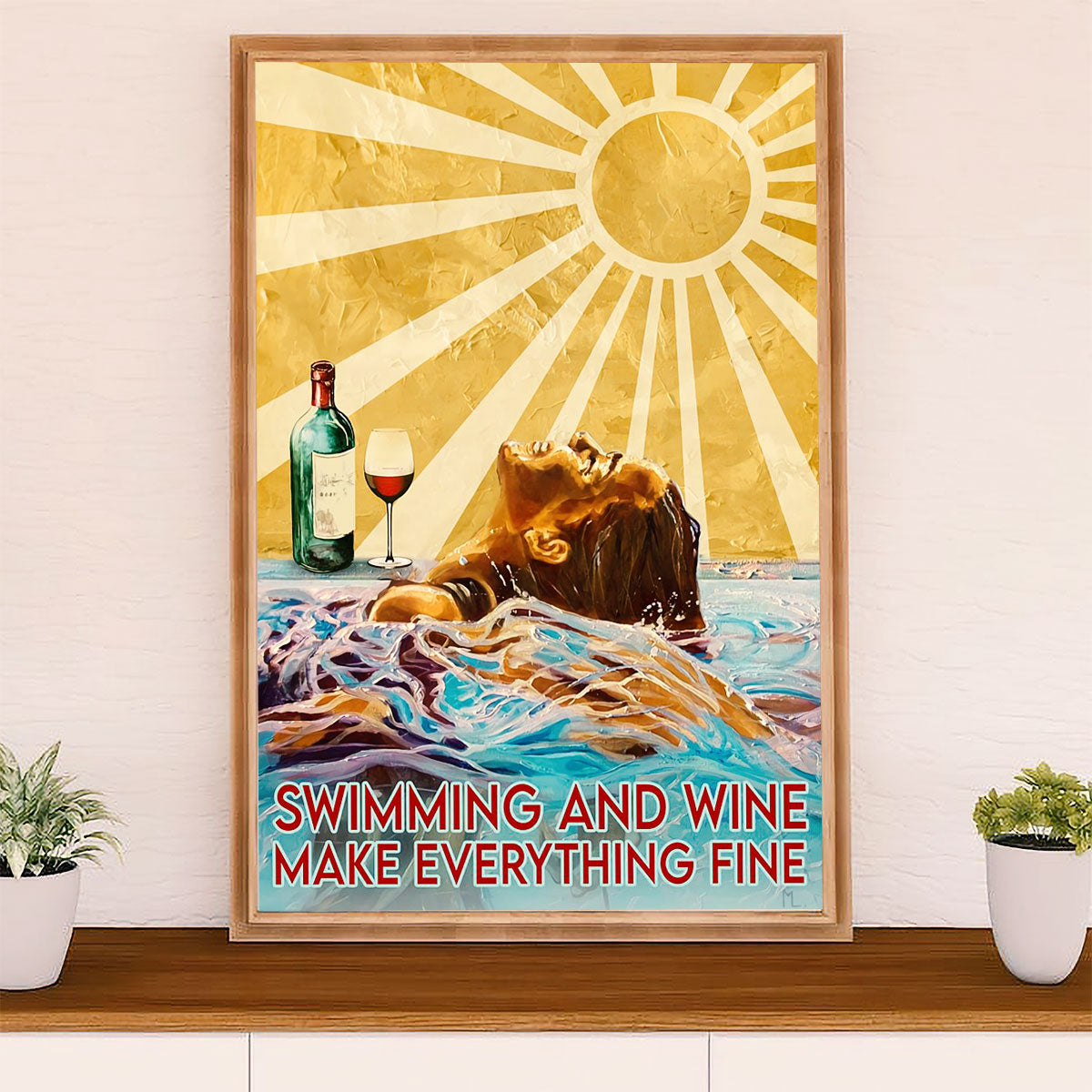 Swimming Poster Room Wall Art | Woman Swimming And Wine | Gift for Swimmer