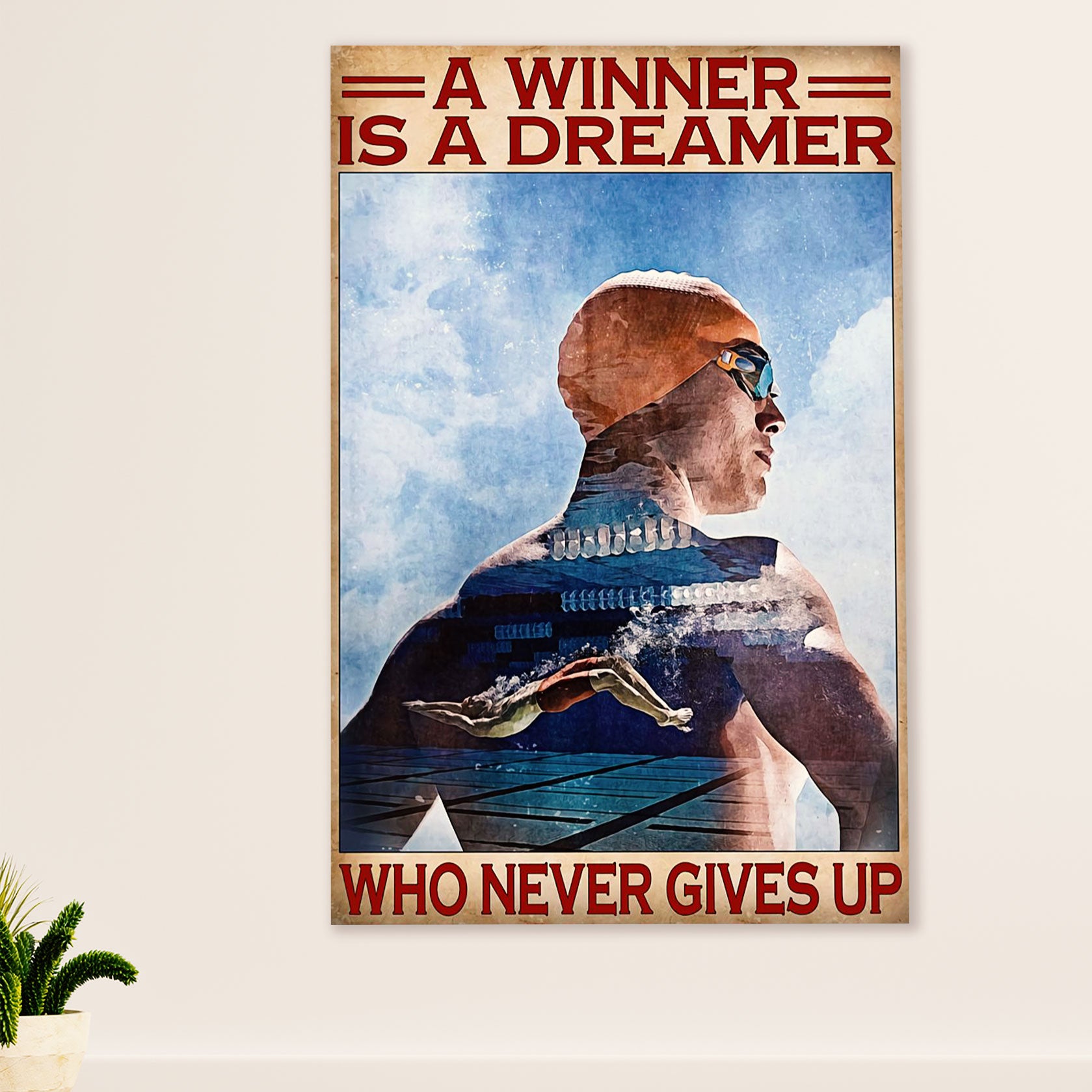 Swimming Poster Room Wall Art | Winner Never Gives Up | Gift for Swimmer