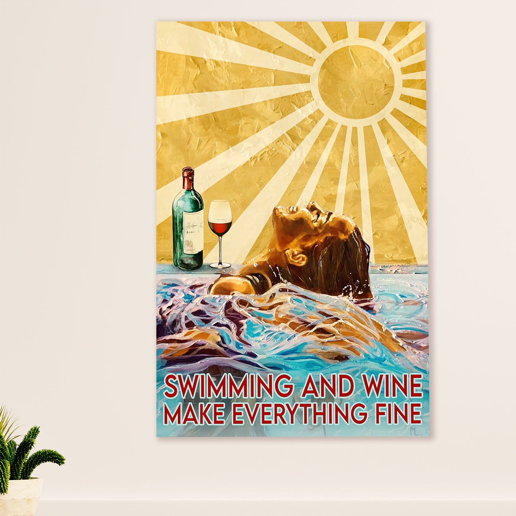 Swimming Poster Room Wall Art | Woman Swimming And Wine | Gift for Swimmer