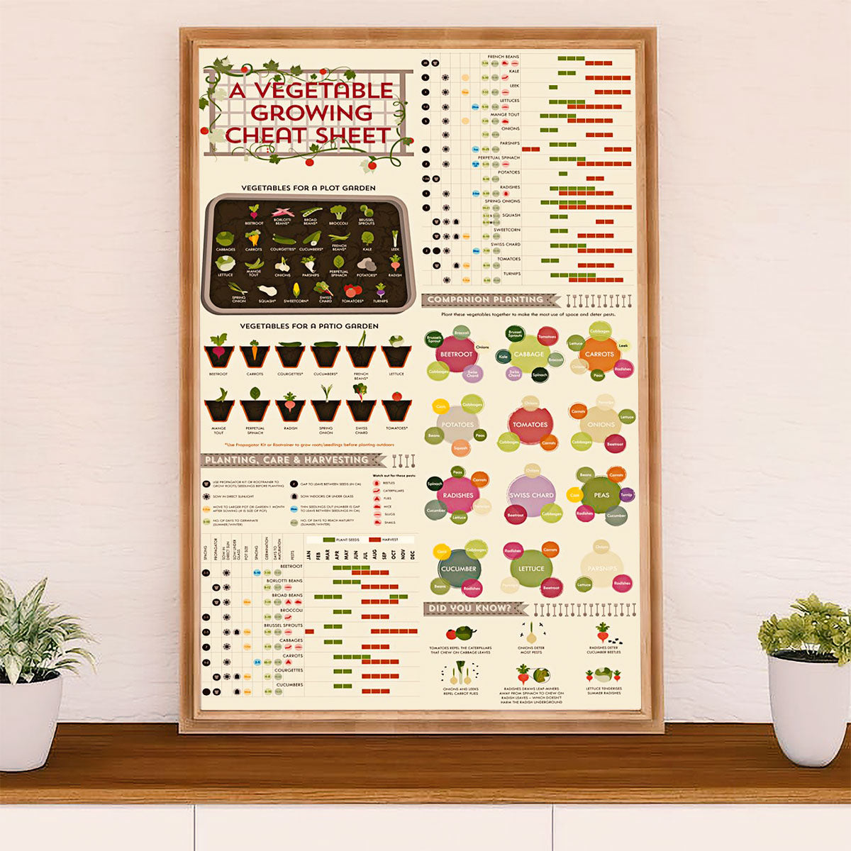 Gardening Poster Home Décor Wall Art | Vegetable Growing Cheat Sheet | Gift for Gardener, Plants Lover