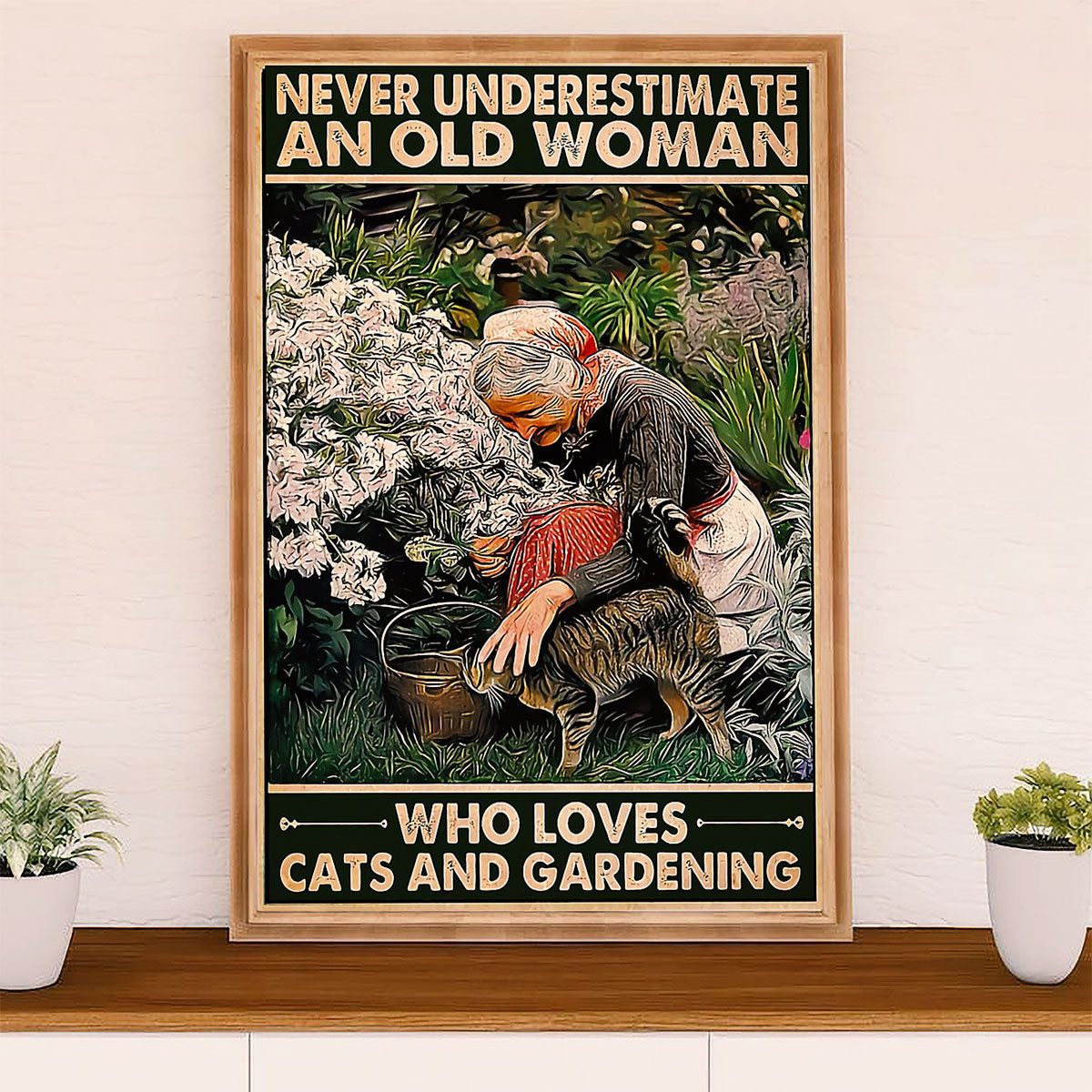 Gardening Poster Home Décor Wall Art | Old Woman Loves Cat & Gardening | Gift for Gardener, Plants Lover