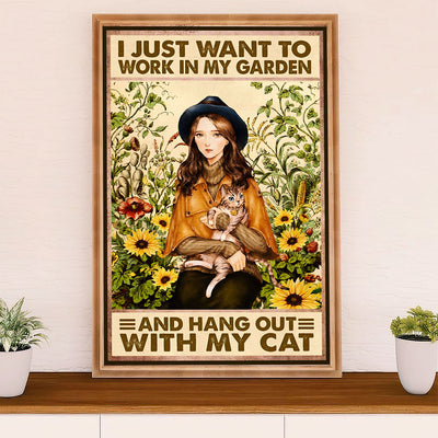 Gardening Poster Home Décor Wall Art | Girl & Cat In Garden | Gift for Gardener, Plants Lover