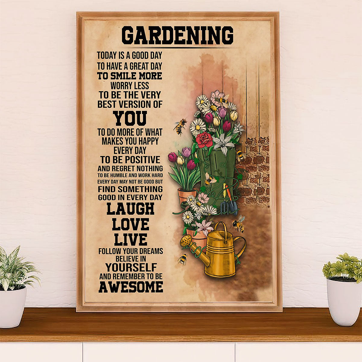 Gardening Poster Home Décor Wall Art | Laugh Love Live | Gift for Gardener, Plants Lover