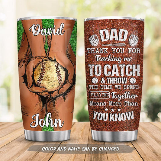 Customized Baseball Dad And Kid Hands Stainless Steel Tumbler Cups Drinkware 20oz - MostSuit