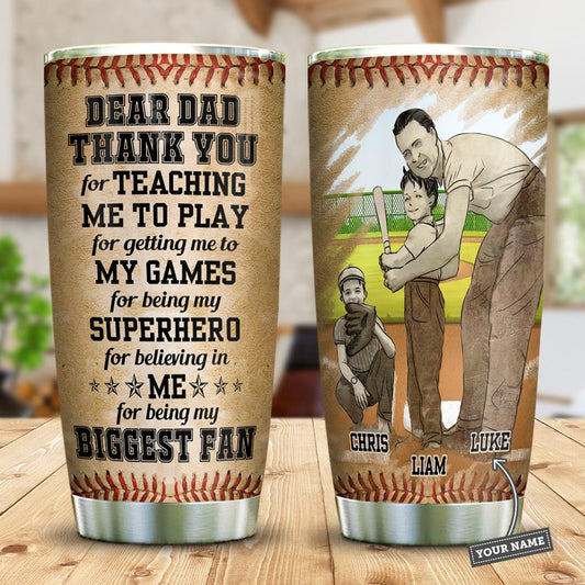 Baseball Dad Biggest Fan Of His Sons Personalized Stainless Steel Tumbler Cups Drinkware 20oz - MostSuit