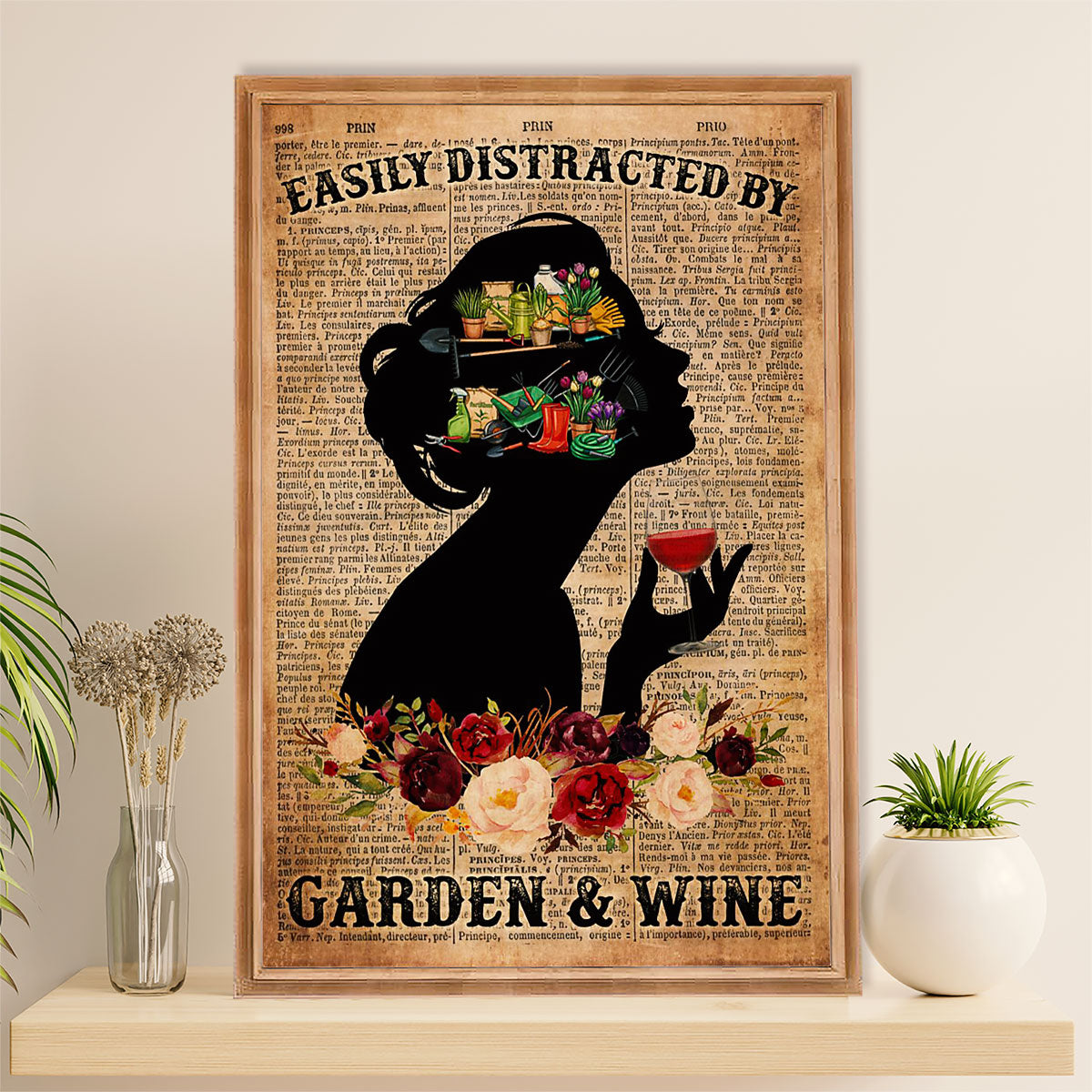 Gardening Poster Home Décor Wall Art | Distracted by Garden & Wine | Gift for Gardener, Plants Lover