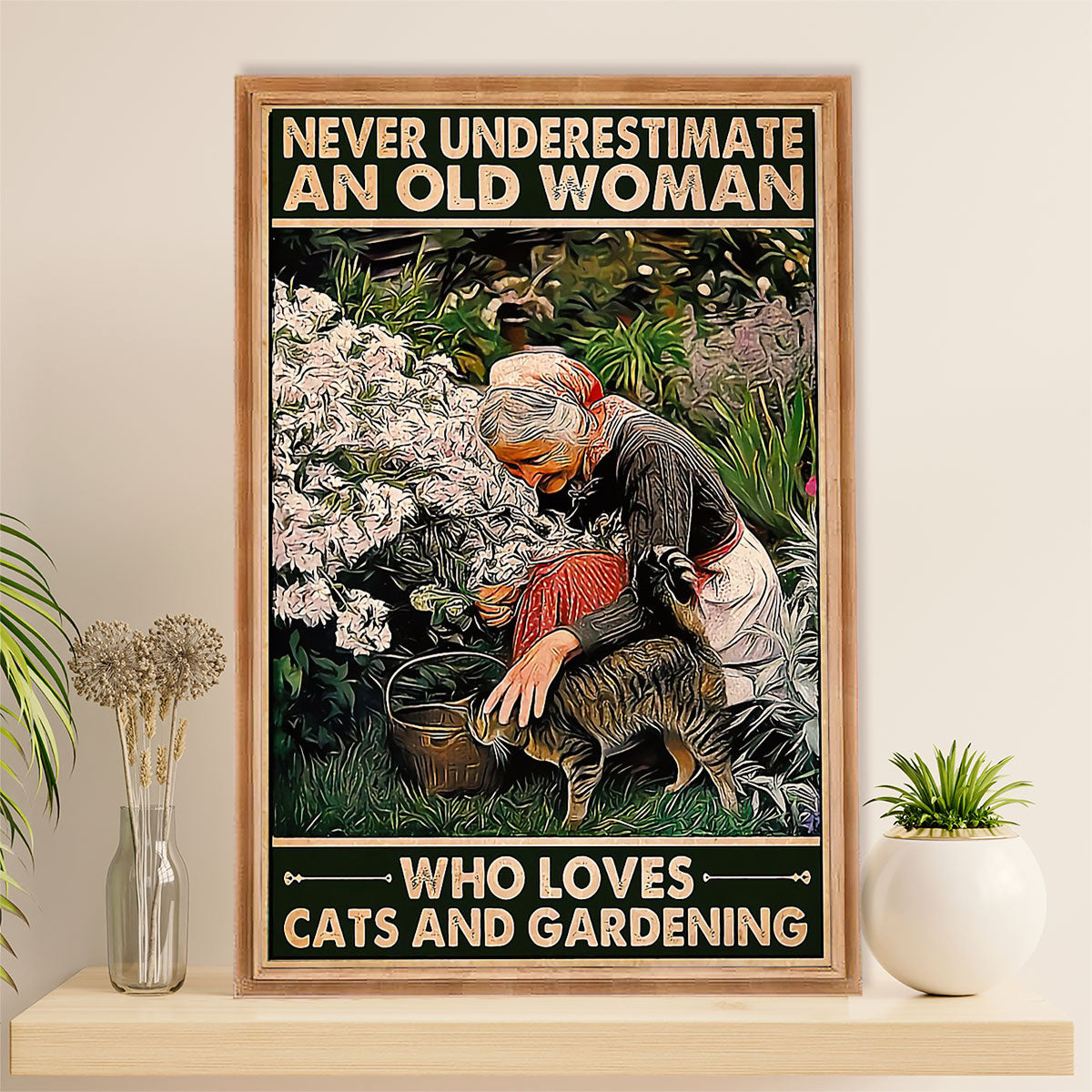 Gardening Poster Home Décor Wall Art | Old Woman Loves Cat & Gardening | Gift for Gardener, Plants Lover