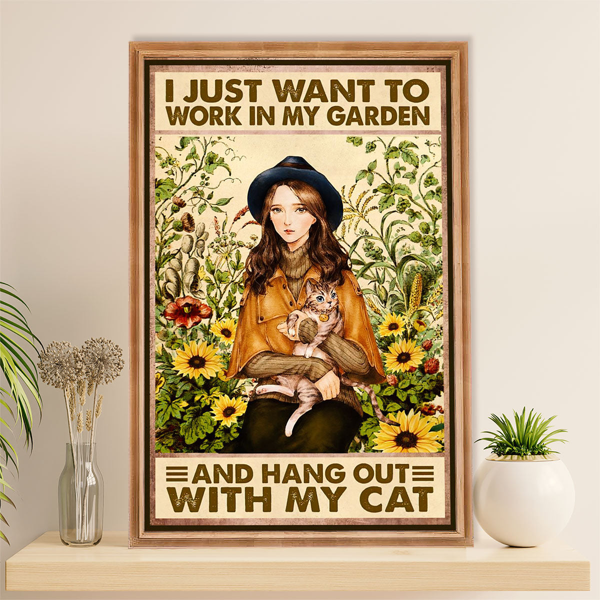 Gardening Poster Home Décor Wall Art | Girl & Cat In Garden | Gift for Gardener, Plants Lover