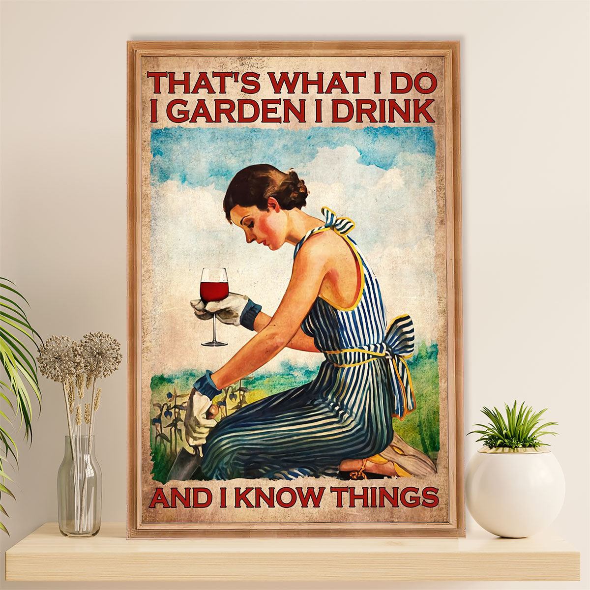 Gardening Poster Home Décor Wall Art | Woman Gardens & Drinks | Gift for Gardener, Plants Lover