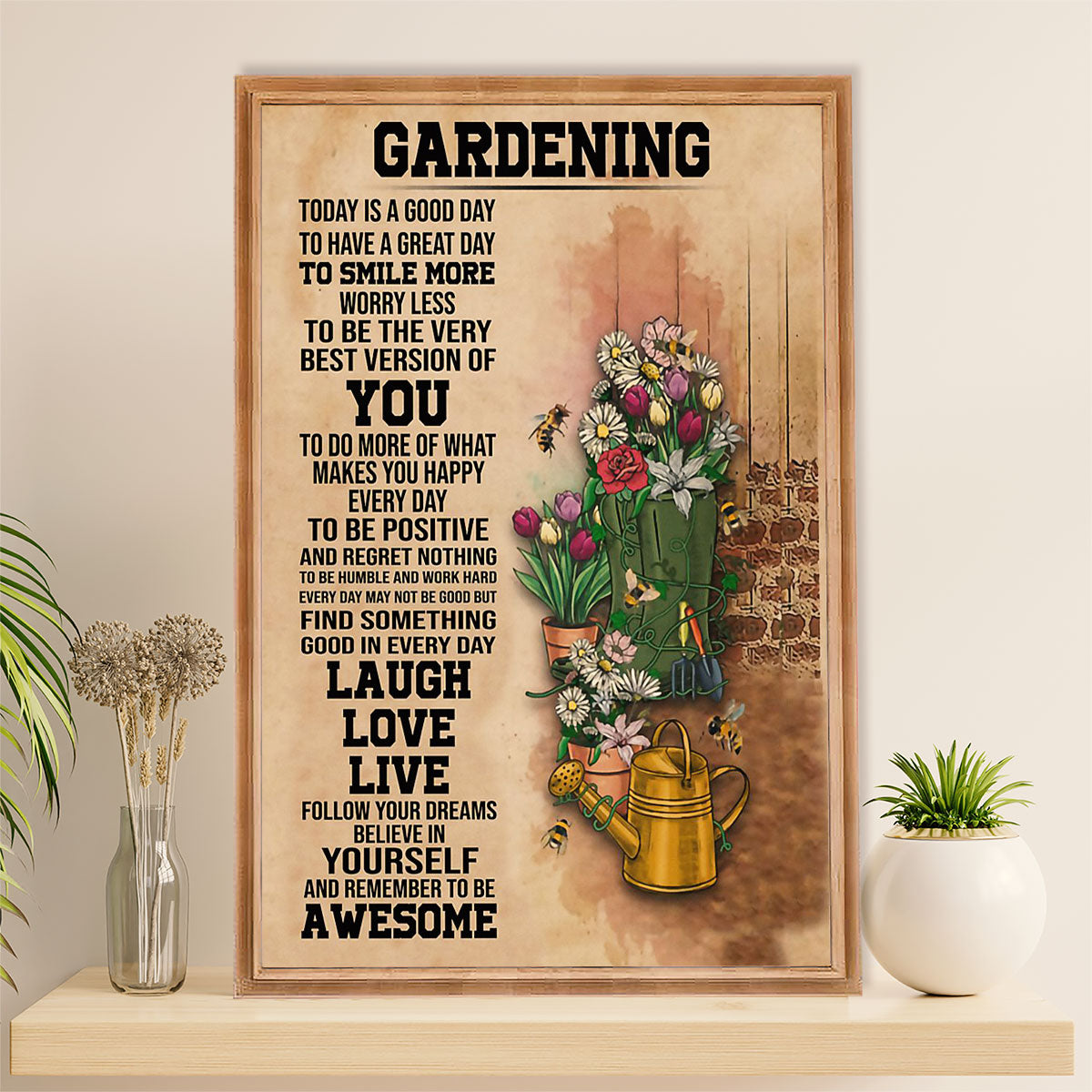 Gardening Poster Home Décor Wall Art | Laugh Love Live | Gift for Gardener, Plants Lover